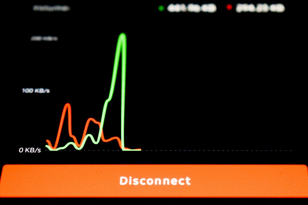 Screen showing network activity with red and green data lines and a large spike, and a prominent orange Disconnect button at the bottom.
