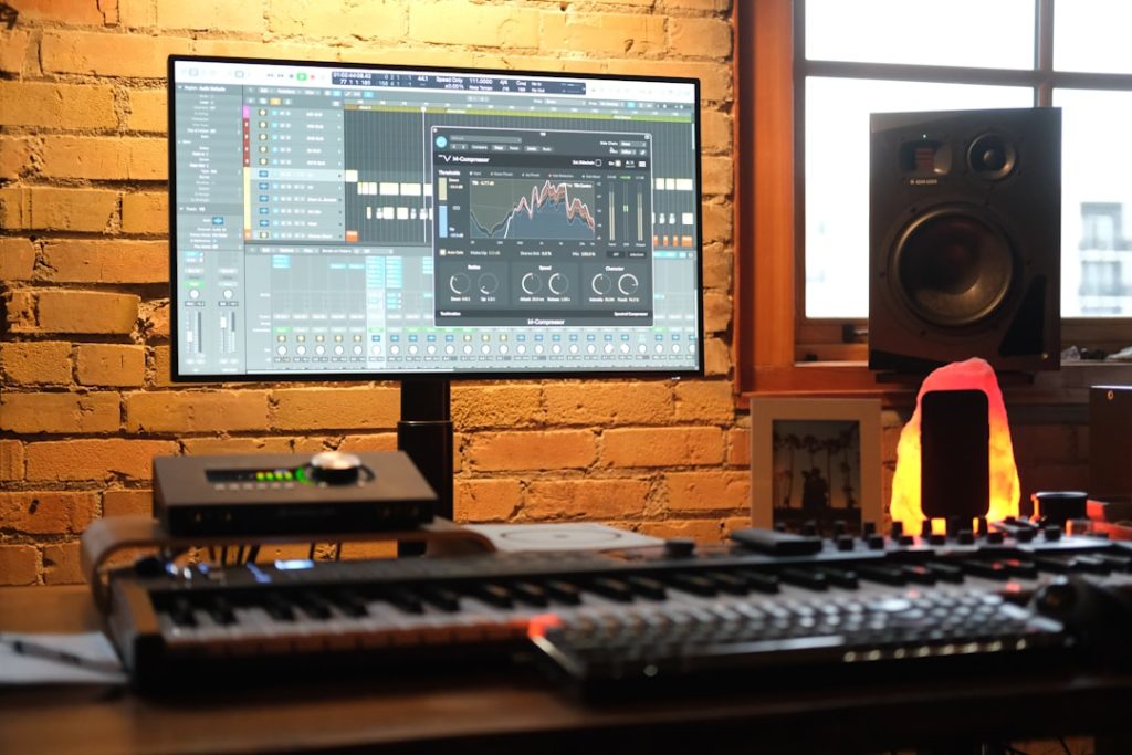 Music production desk with a large monitor showing a digital audio workstation, plus a MIDI keyboard and audio gear on a brick-walled wall setup.