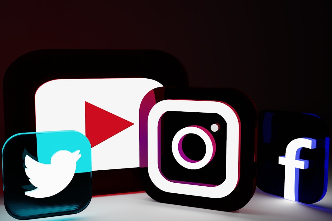 Group of 3D social media icons (YouTube, Instagram, Twitter, Facebook) on a dark background, arranged together as a set of platforms.