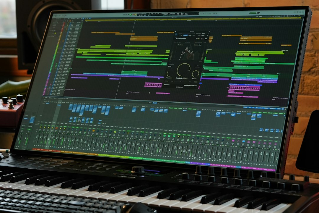Open DAW on laptop with colorful audio/MIDI tracks and a mixer panel; keyboard in foreground.