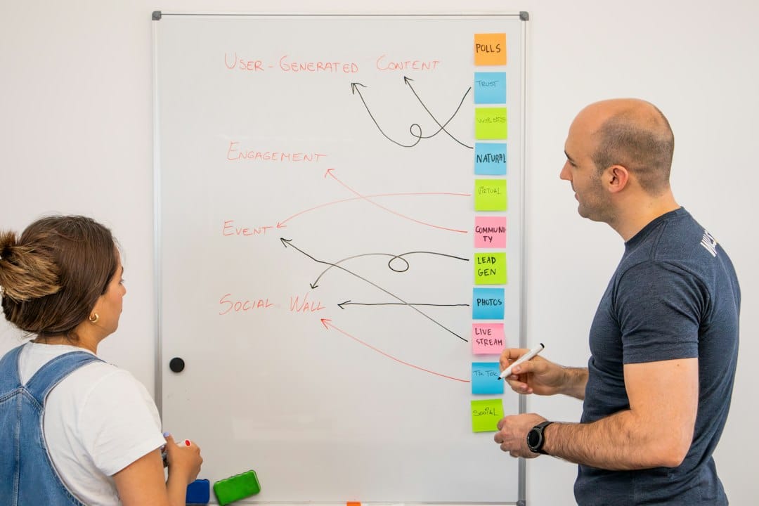 Two people discuss a whiteboard diagram titled 'User-Generated Content' with a vertical column of color sticky notes on the right side.