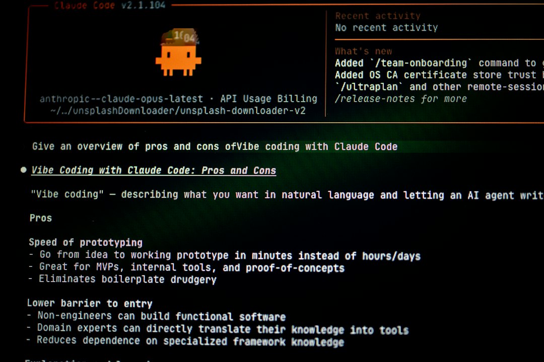 Terminal interface with a small orange pixel avatar and a heading 'Vibe Coding with Claude Code: Pros and Cons'.