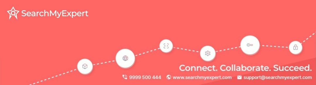 SearchMyExpert banner on coral background with white logo, a dotted curved line connecting icons, and the slogan 'Connect. Collaborate. Succeed.'