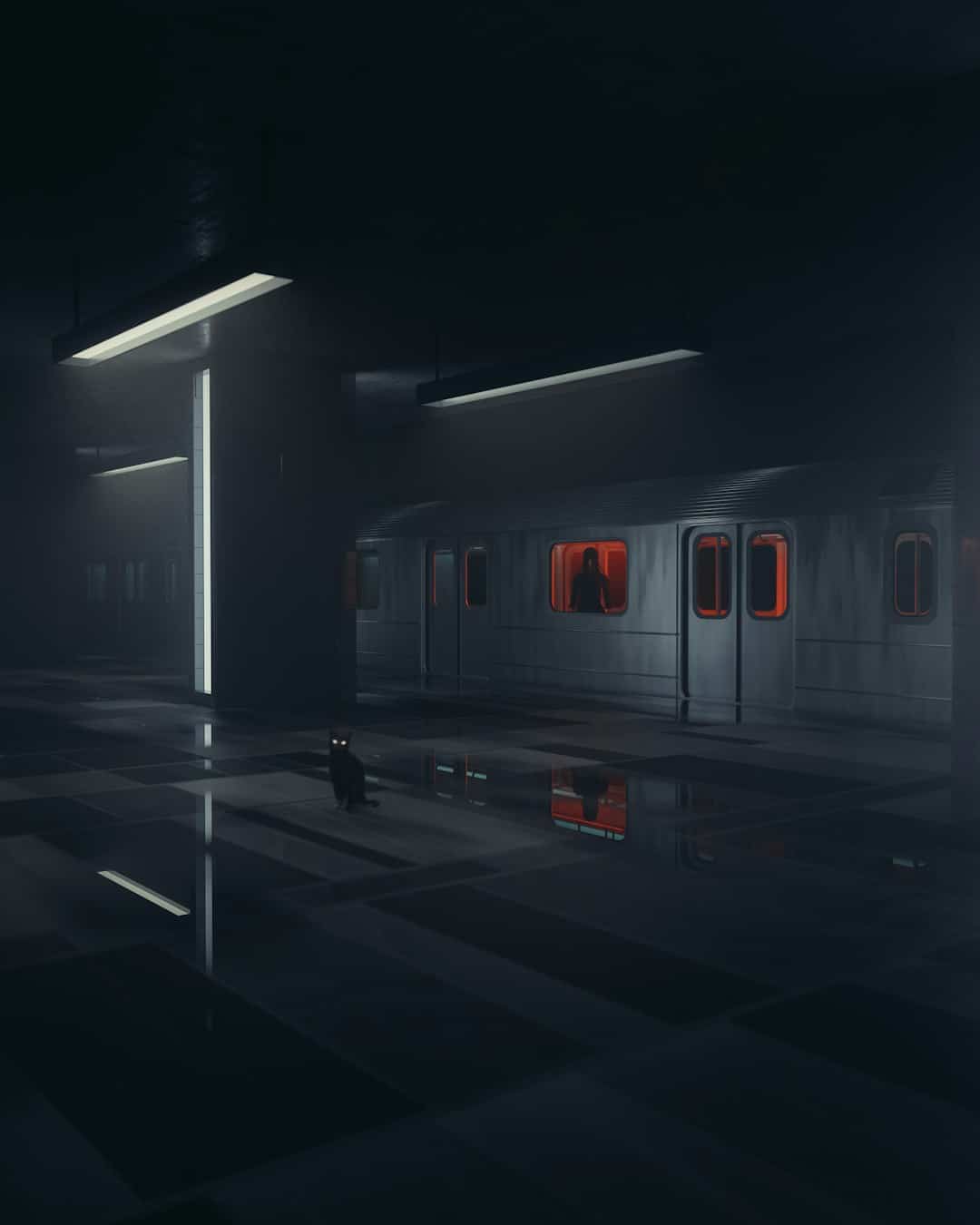 Dim subway station at night with a silver train pulling in; a black cat sits on the wet platform.