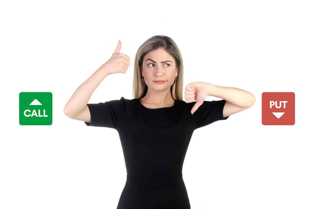 Woman in a black dress gives a thumbs up and a thumbs down between green CALL and red PUT icons.