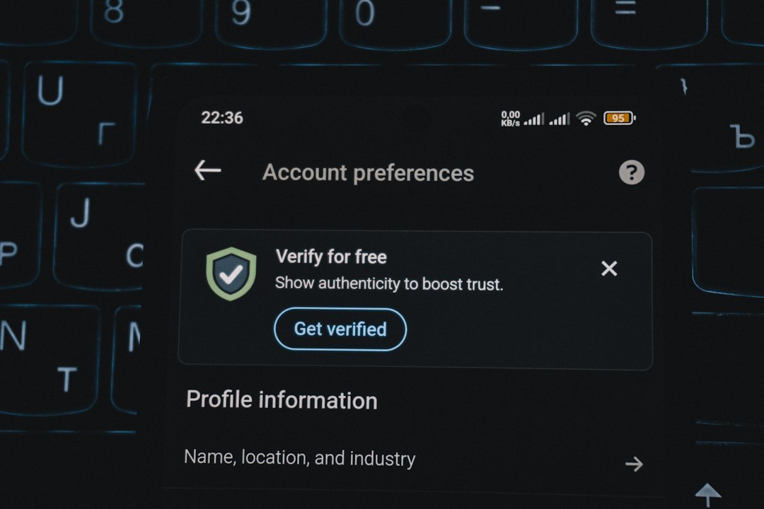 Mobile screen showing 'Account preferences' with a 'Verify for free' popup offering 'Get verified' to boost trust, and profile info section visible.