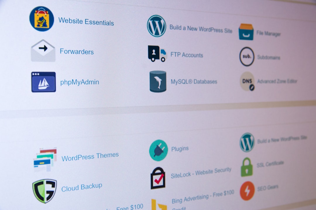 Hosting control panel with icons and labels: Website Essentials, WordPress, File Manager, FTP Accounts, MySQL Databases, DNS, Subdomain, phpMyAdmin, WordPress Themes and Plugins, Security and Backup options.