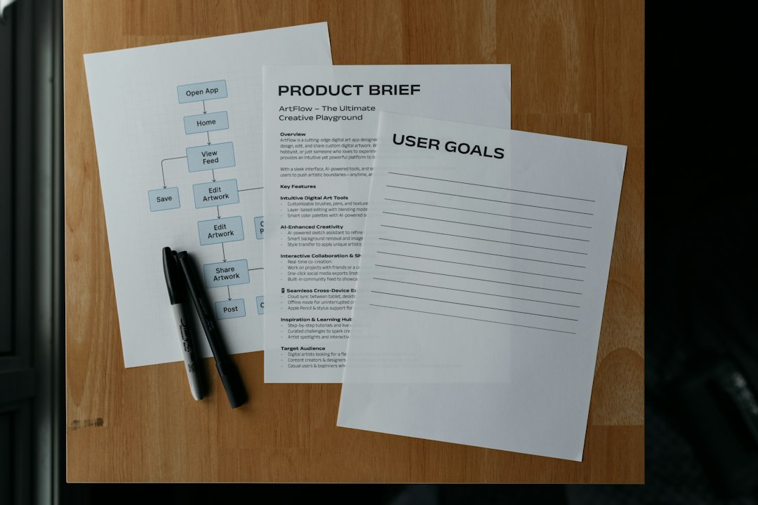 Three white sheets on a wooden desk, including a Product Brief, a User Goals page, and a flowchart with Open App/Home labels, with two markers nearby.