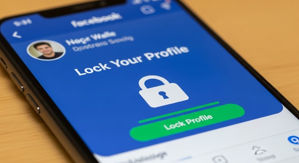 Phone screen showing a 'Lock Your Profile' screen with a white padlock icon and green 'Lock Profile' button on a blue background.