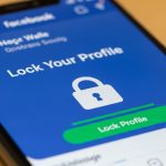 Phone screen showing a 'Lock Your Profile' screen with a white padlock icon and green 'Lock Profile' button on a blue background.
