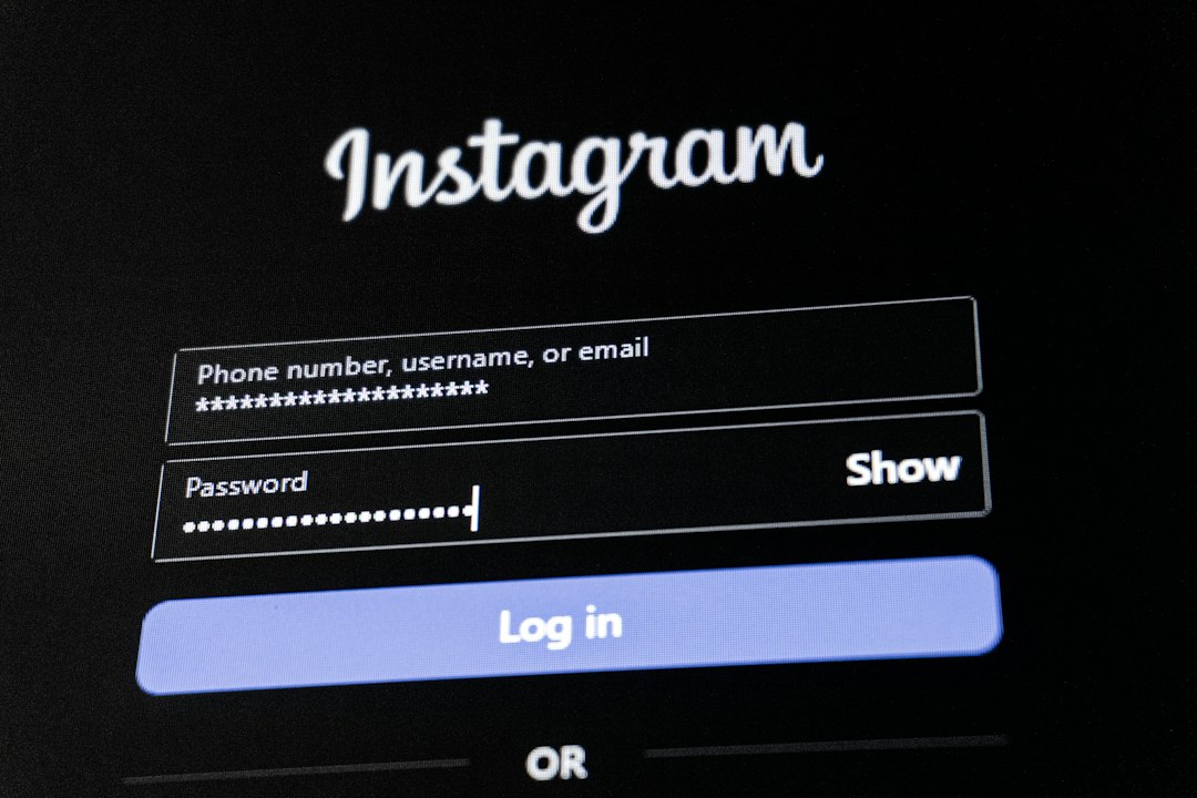 Instagram login form: fields for phone/username/email and password, with a Show option and a blue Log in button on a dark background.