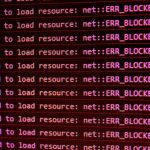 Multiple lines from a browser console showing 'Failed to load resource: net::ERR_BLOCKED_BY_AD' errors on a red background.