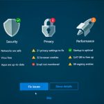 Dashboard showing Security, Privacy, and Performance status with checkmarks and warning icons, plus 'Fix issues' and 'Show details' actions.