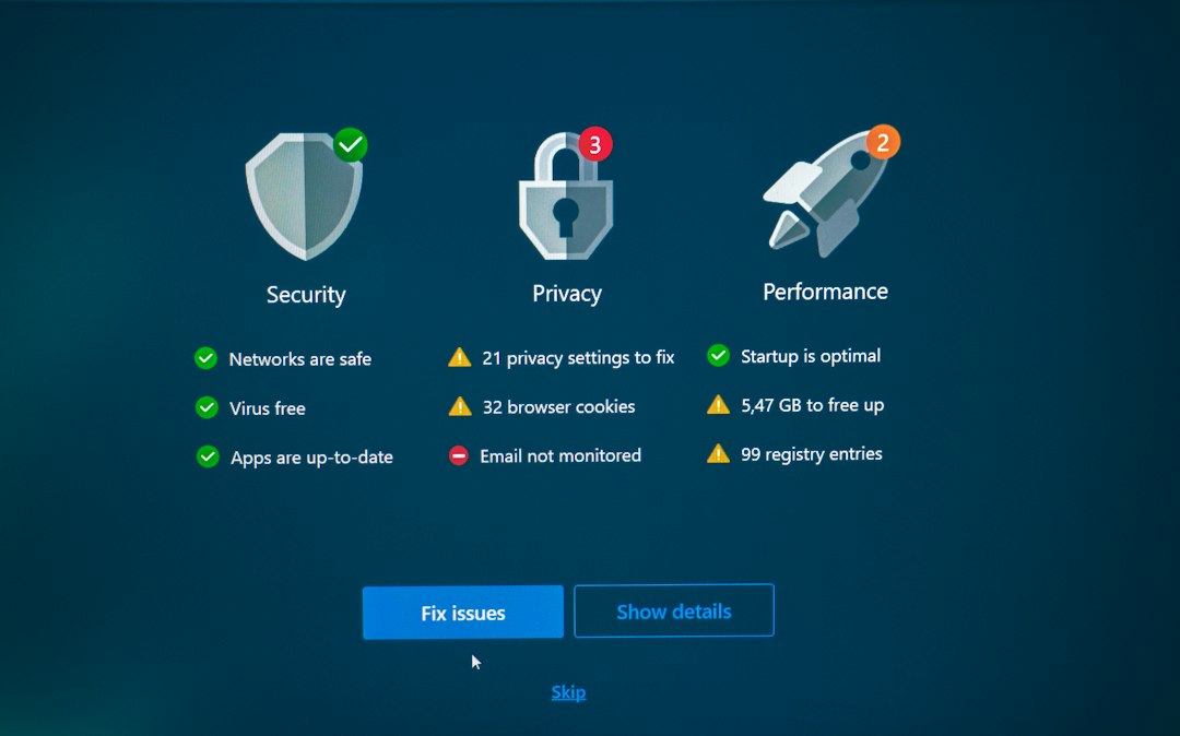 System tech scan results showing Security, Privacy, and Performance with green checks and yellow warnings; options: Fix issues, Show details, and Skip.