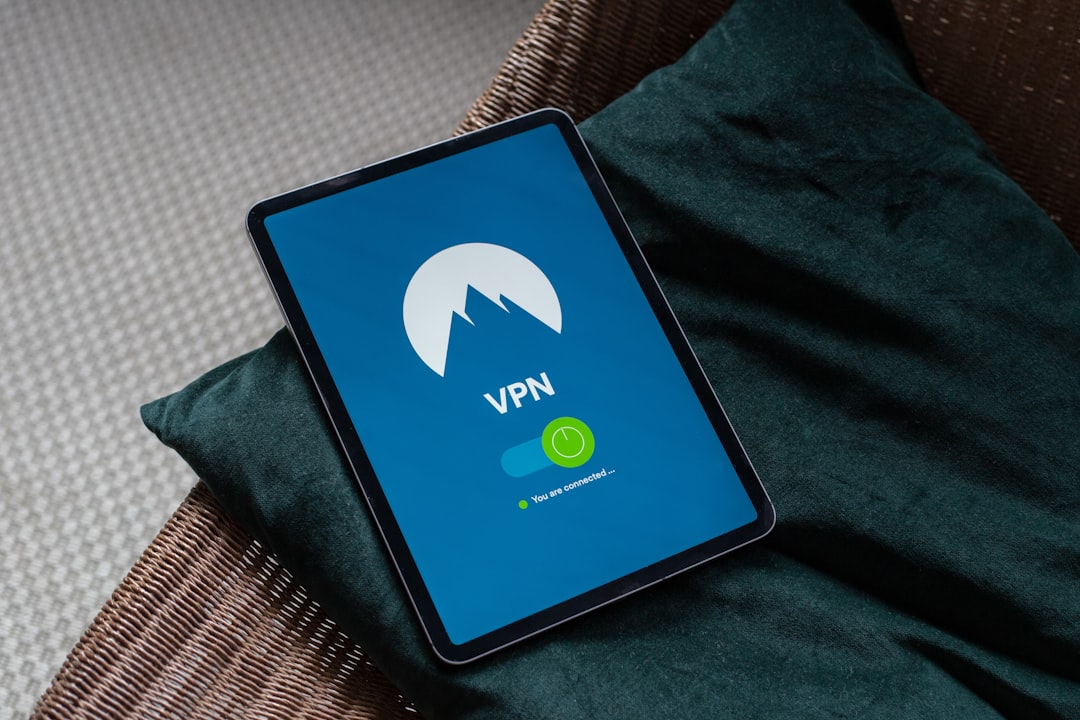 Tablet screen shows a VPN app with a mountain logo and a connected status (green circle) inside a blue interface.
