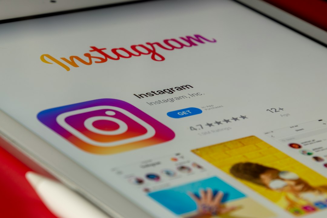 Instagram app page displayed on a tablet, showing the colorful logo and GET button
