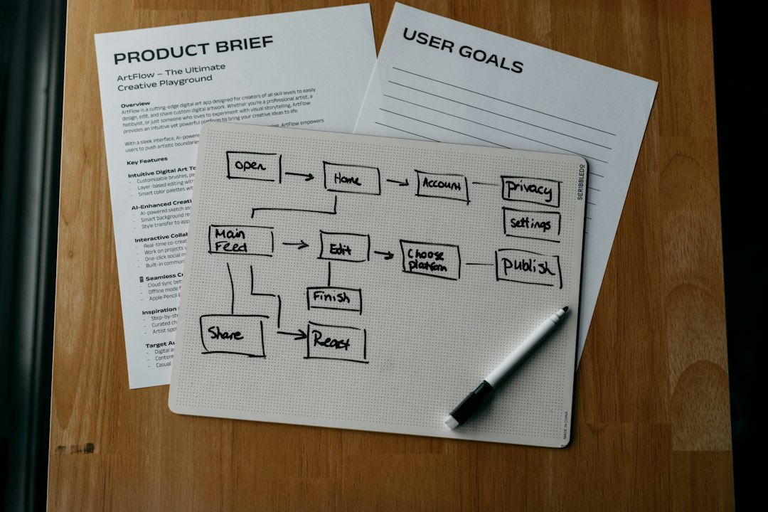 Desk with two sheets labeled 'Product Brief' and 'User Goals' and a dotted whiteboard flowchart with a pen nearby.