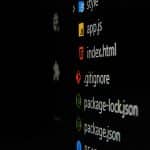 Dark screen showing a vertical list of code files with colorful icons: style, app.js, index.html, gulpfile, package-lock.json, package.json.