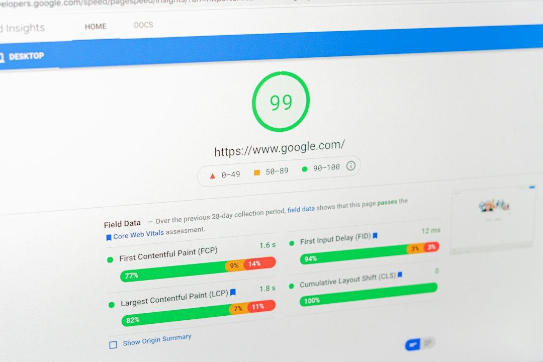 PageSpeed Insights result with a large green 99 score circle and the URL https://www.google.com/ displayed above performance metric bars.