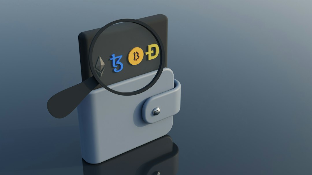 Light blue wallet with a magnifying glass over a dark card showing crypto logos (Ethereum, Tezos, Bitcoin, Dogecoin). Readable as a crypto search in a wallet image.