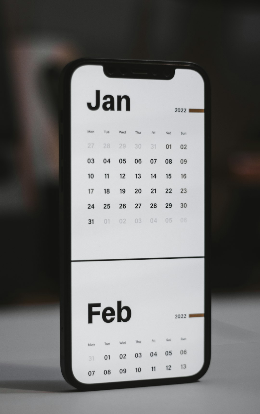 Close-up of a smartphone displaying a calendar app with January and February 2022 pages.
