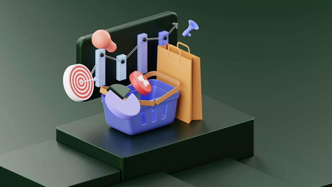 3D illustration of a shopping bag, basket, and chart elements representing ecommerce analytics and shopping insights on a dark green backdrop.