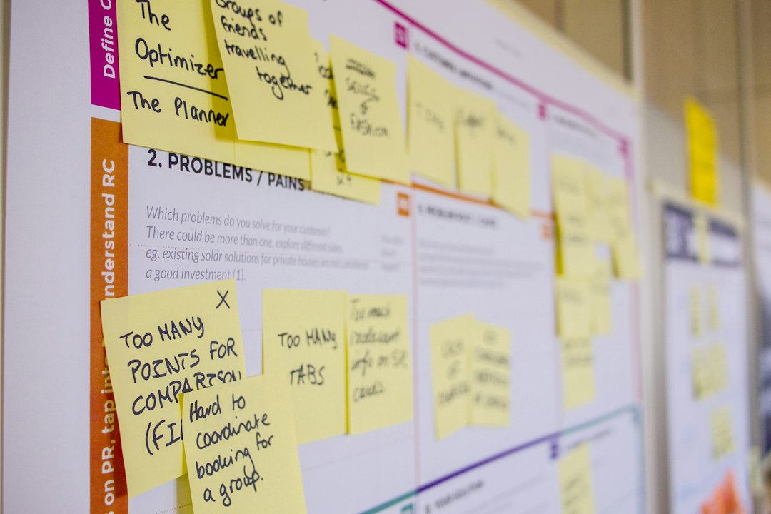Whiteboard covered with yellow sticky notes of ideas and issues for a planning session.
