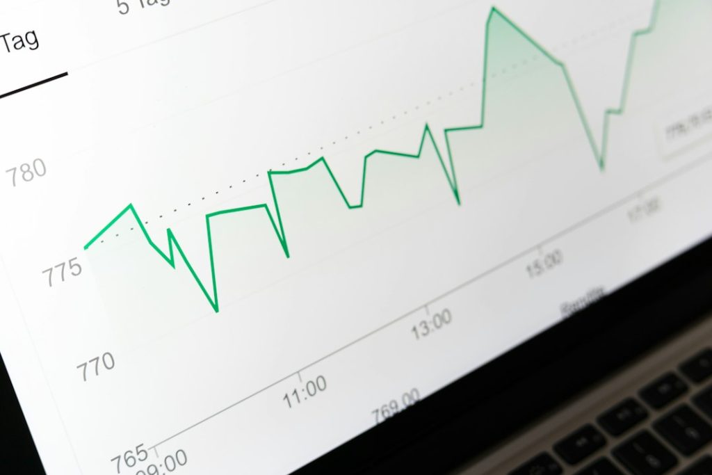 Green line chart with a jagged upward trend on a white dashboard displayed on a laptop screen, time axis from morning to afternoon.