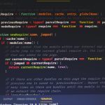 Code editor screenshot showing a JavaScript module loader with a newRequire function and colored syntax highlighting